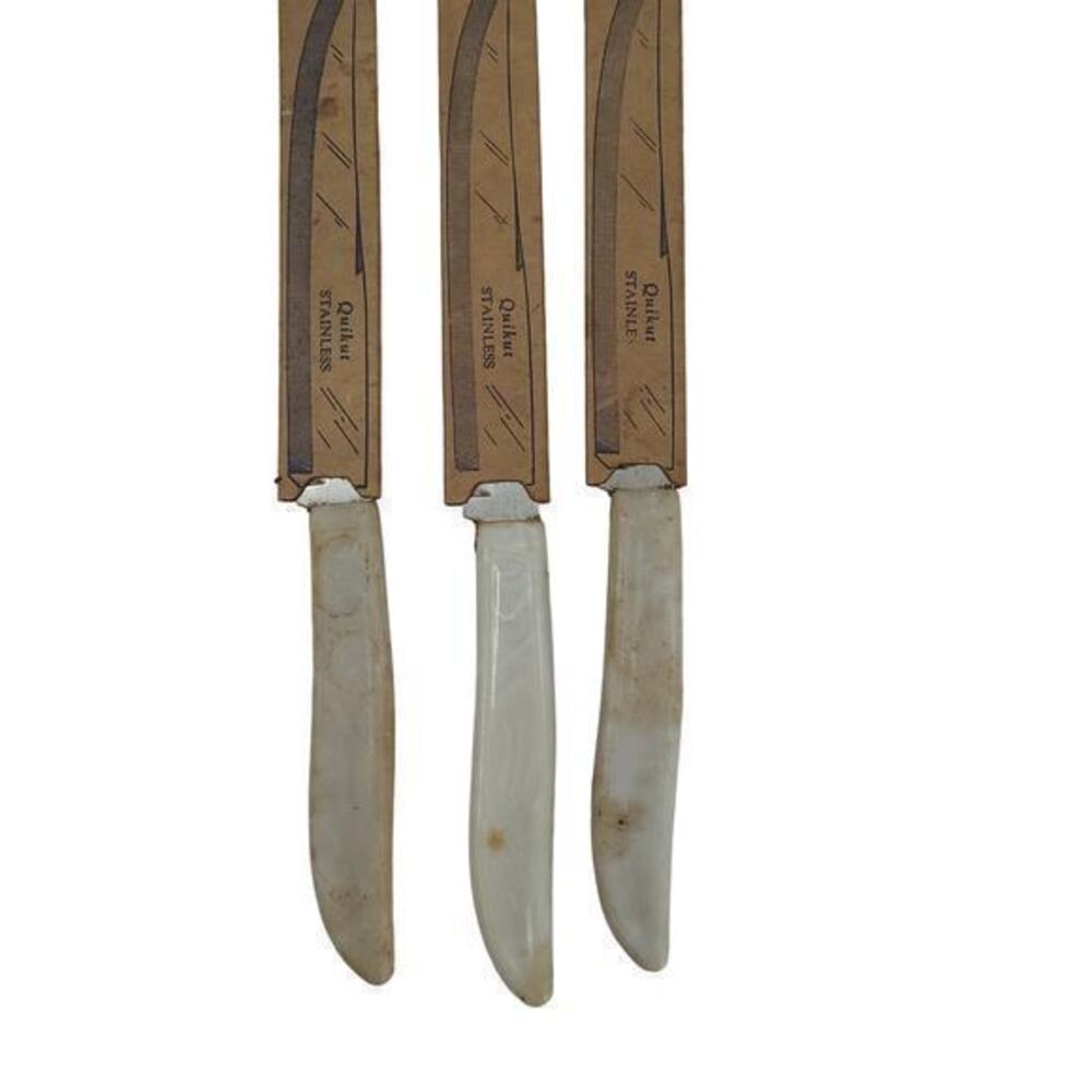 Mid Century Quikut Stainless Steel Early Plastic White Handle 3 Steak Knives‎